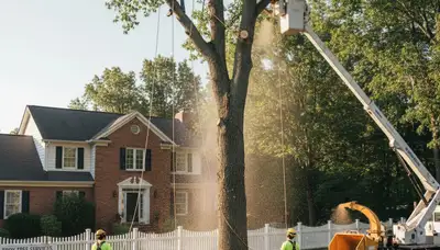 Professional arborists performing safe tree removal with bucket truck in Troy, MI