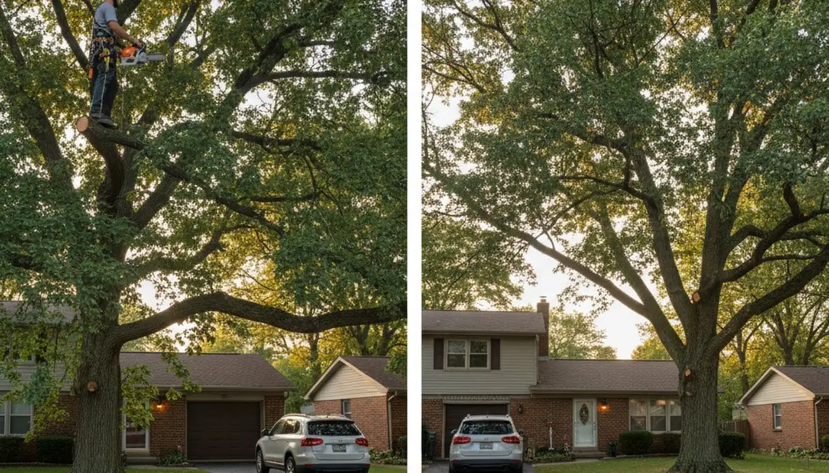 Arborist performing canopy lift tree trimming above residential driveway in Troy, MI
