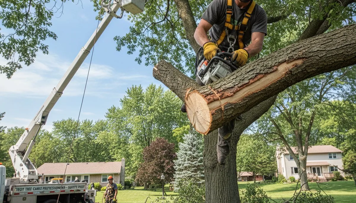Arborist removing dead branches from mature tree with safety gear in Troy, MI tree trimming service