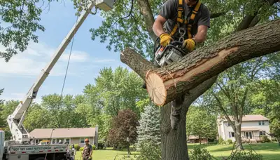 Arborist removing dead branches from mature tree with safety gear in Troy, MI tree trimming service