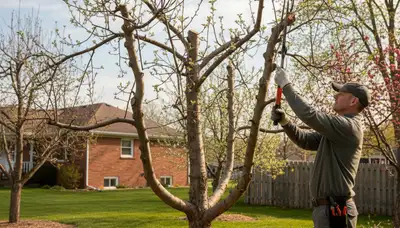 Certified arborist pruning backyard fruit tree in Troy, MI for healthy growth and orchard productivity
