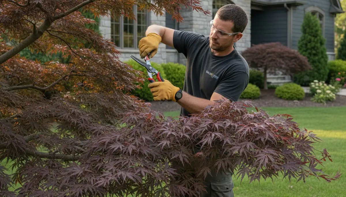 Arborist hand pruning ornamental Japanese maple for refined tree shaping in Troy, MI landscape