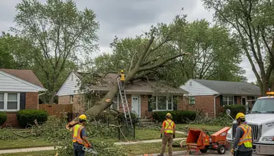 Emergency tree removal crew clearing storm-damaged trees in Royal Oak, MI near Troy after severe storm.