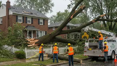 Emergency tree removal crew clearing storm damage for homeowners in Utica, MI near Troy tree service company
