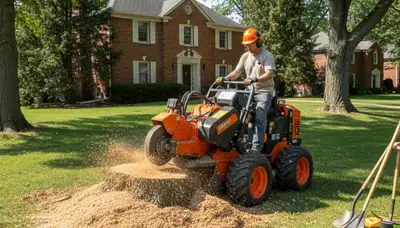 Stump grinding service in Madison Heights, MI restoring lawns by removing tree stumps near Troy, Michigan homes