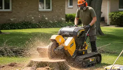 Professional stump grinding service removing tree stump in Royal Oak, MI for lawn restoration by Troy experts