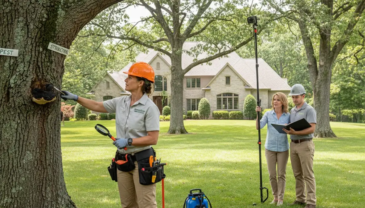 Certified arborist performing tree health assessment for homeowners in Bloomfield Hills, MI