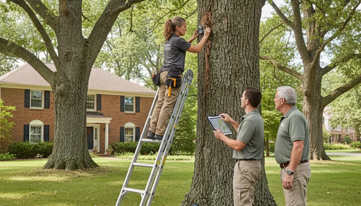 Certified arborist performing tree health assessment for homeowners in Royal Oak, MI near Troy tree service.
