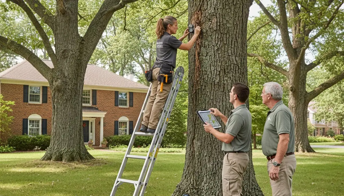 Certified arborist performing tree health assessment for homeowners in Royal Oak, MI near Troy tree service.
