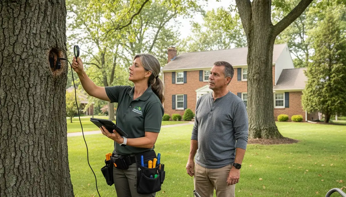 Certified arborist performing tree health assessment for Utica, MI homeowners near Troy tree removal experts