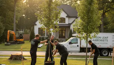 Arborist planting new tree in Troy, MI yard for Chop Chop Tree professional tree planting service