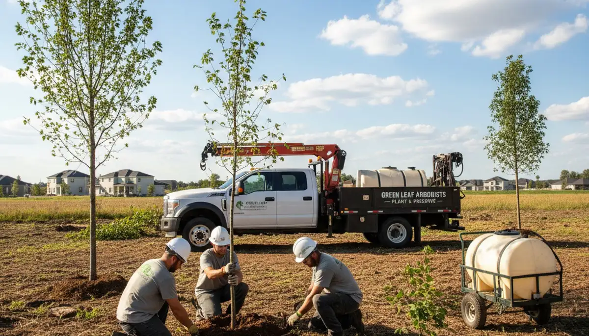Arborist planting young tree in Troy, MI for Chop Chop Tree professional tree planting service