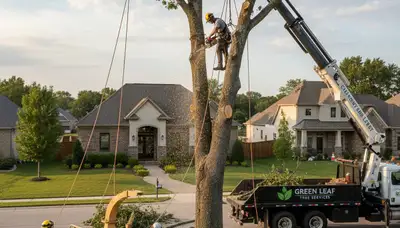 Arborist performing tree removal in Troy, MI for storm-damaged oak near Chop Chop Tree service truck