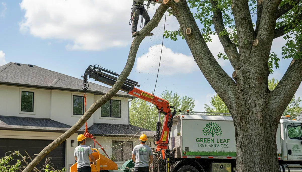 Arborist performing tree removal on large oak in Troy, MI for Chop Chop Tree service