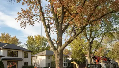 Professional tree removal service in Troy, MI safely cutting down large oak tree