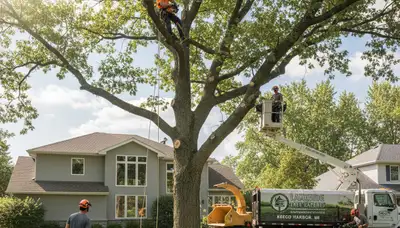 Professional tree removal service in Troy, MI safely clearing large oak tree for residential client