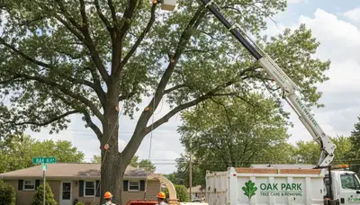 Professional tree removal service in Troy MI safely cutting and clearing large oak tree