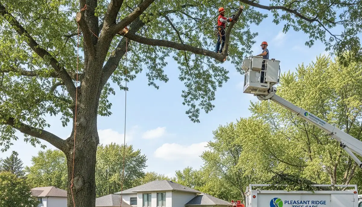 Professional tree removal service in Troy MI safely cutting and clearing large oak tree branches