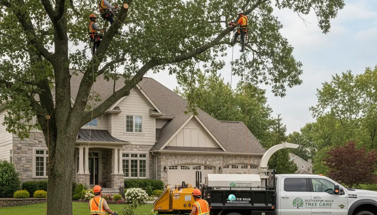 Professional tree removal service team working safely in Troy, MI